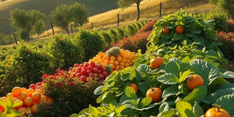 A stunning landscape filled with organic vegetables and fruits in a vibrant, sunlit orchard.