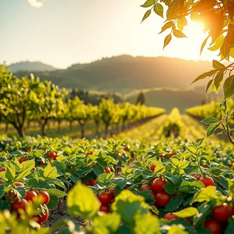 A vibrant and lush sunlit field showcasing organic vegetables and fruits.