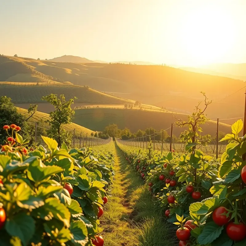 A sunlit orchard showcasing vibrant fruits and vegetables, symbolizing natural nourishment and abundance.