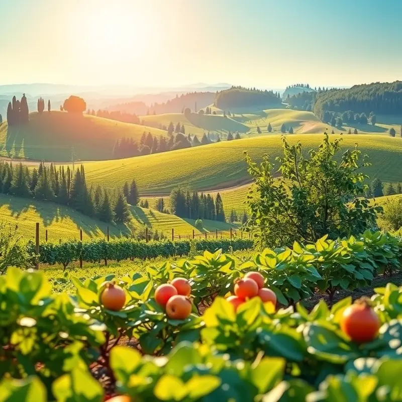 An idyllic view of an organic orchard filled with vibrant fruits and vegetables.