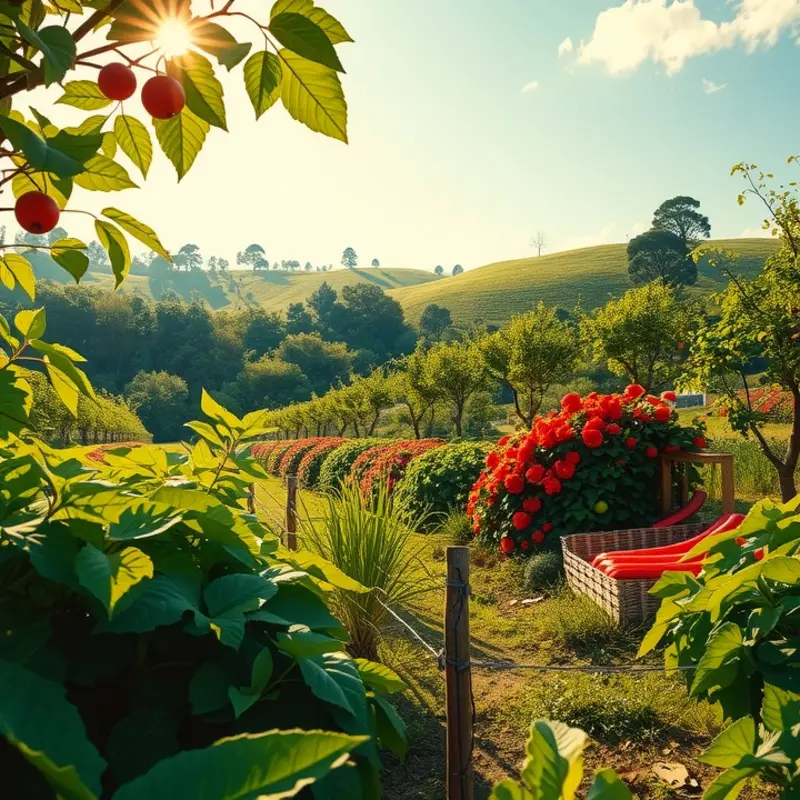 A sunlit organic field showcasing vibrant produce.
