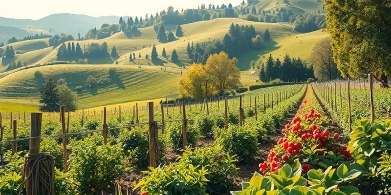 An expansive view of an organic field bathed in sunlight, filled with vibrant plants.