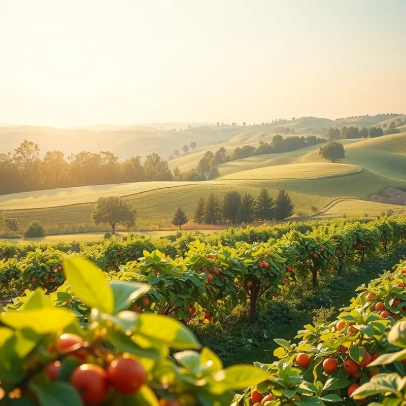 A serene landscape showcasing vibrant vegetables and fruits in a sunlit orchard.