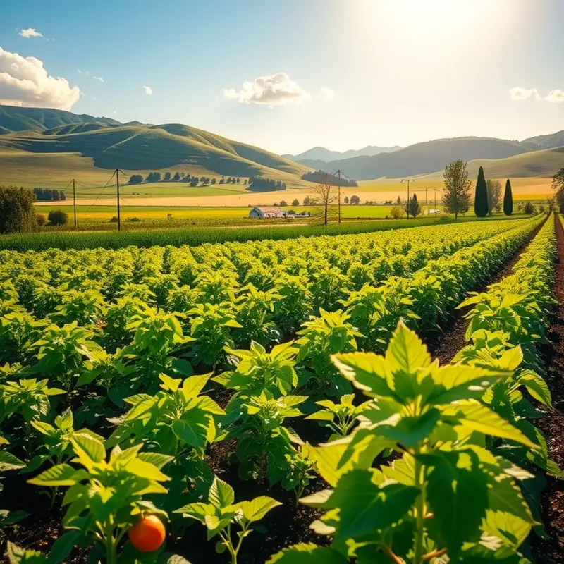 A sunlit field abundant with vibrant vegetables and fruits.