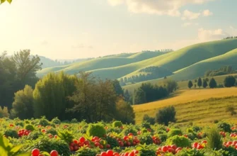 A serene orchard showcasing lush greenery and vibrant fruits representing global culinary traditions.