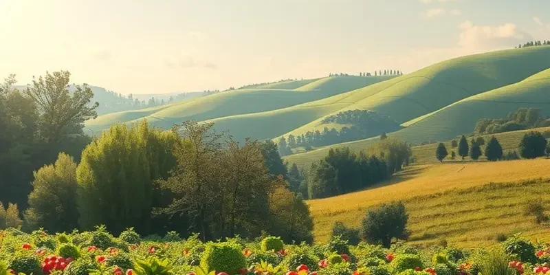 A serene orchard showcasing lush greenery and vibrant fruits representing global culinary traditions.