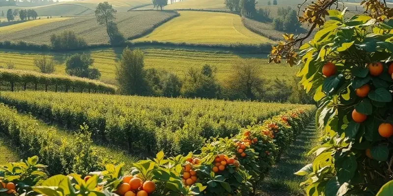 A beautiful and serene landscape featuring organic produce and lush greenery.