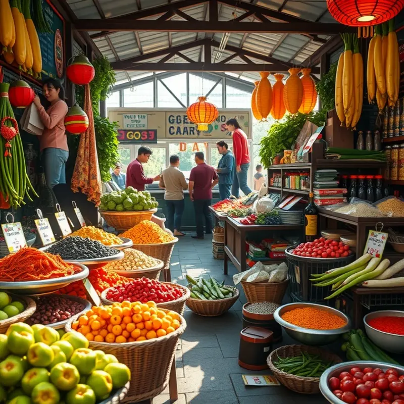 A lively Asian market filled with fresh produce and spices, reflecting the essence of culinary traditions.
