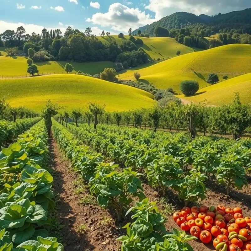 A serene landscape showcasing vibrant vegetables and fruits in a sunlit orchard.