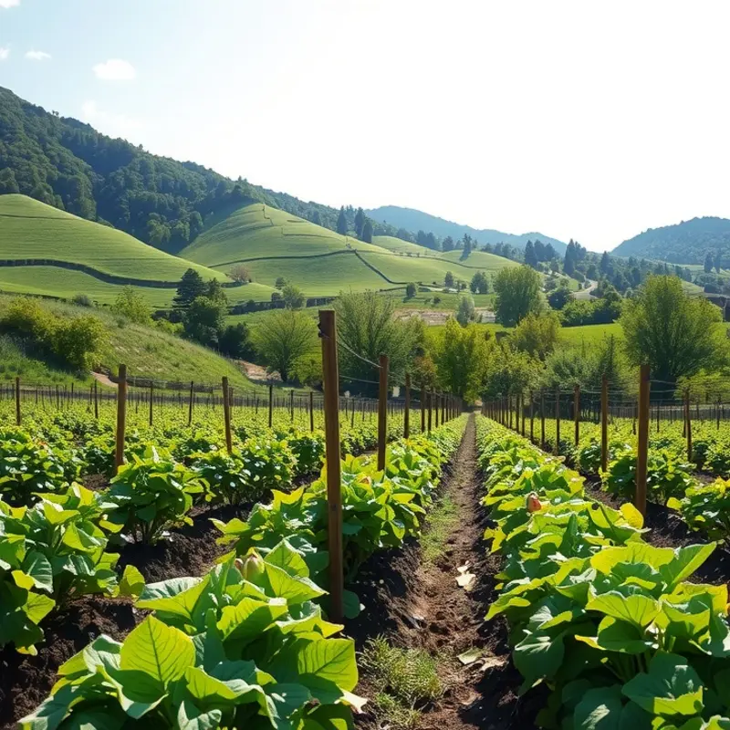 A vibrant sunlit field showcasing fresh vegetables and fruits among lush greenery.