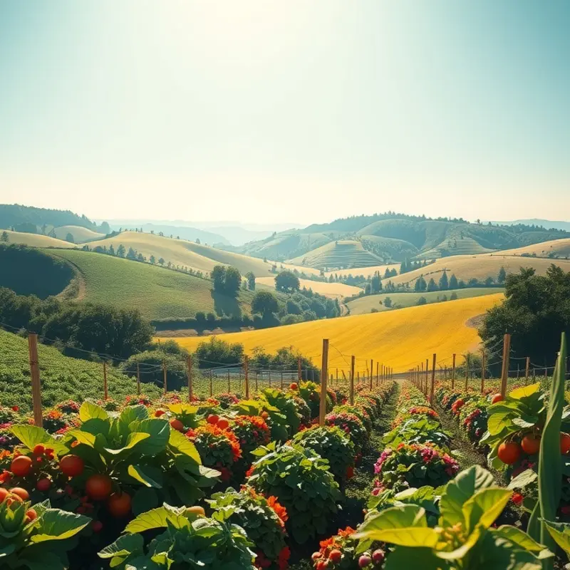 A sunlit field showcasing vibrant fruits and vegetables, emphasizing the freshness of organic produce.