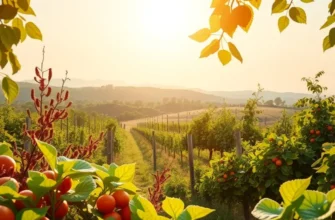 A vibrant garden filled with fruits and vegetables flourishing under warm sunlight.
