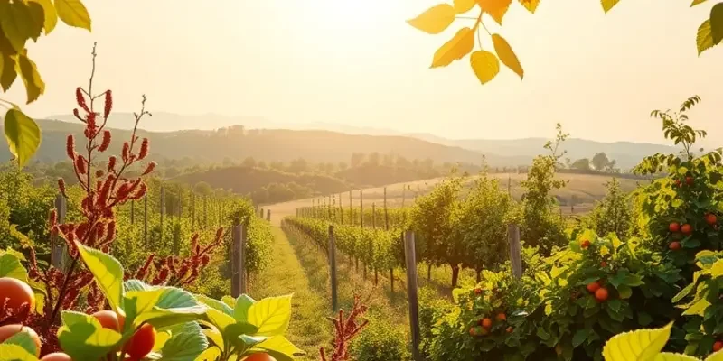 A vibrant garden filled with fruits and vegetables flourishing under warm sunlight.