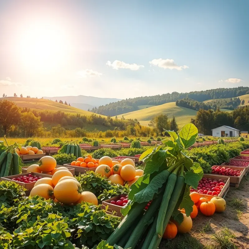 A vibrant sunlit field showcasing an abundance of organic produce.