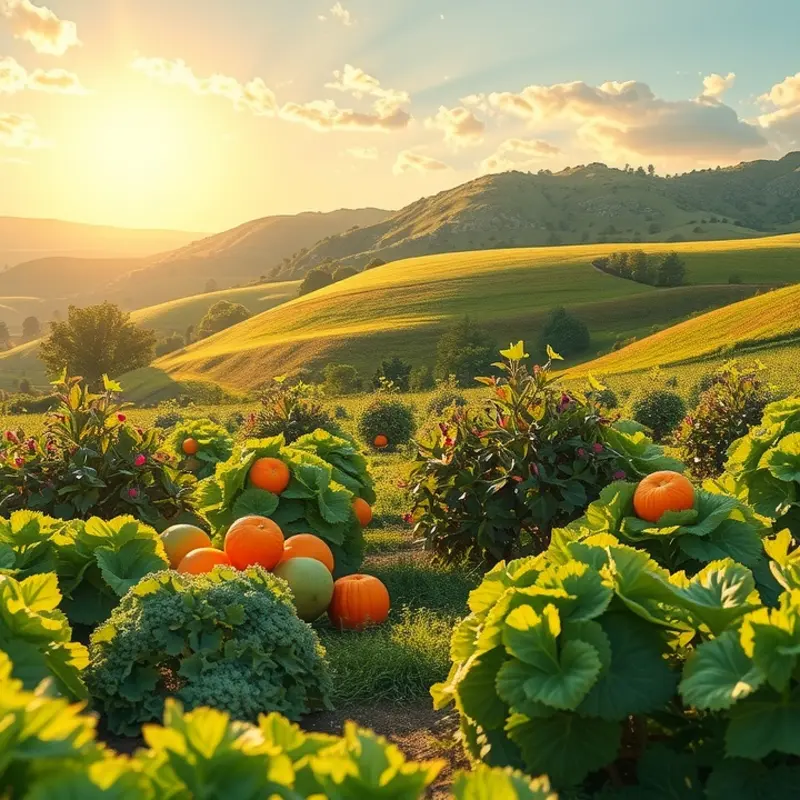 A sunlit field abundant with fresh organic produce, symbolizing healthy meal planning.