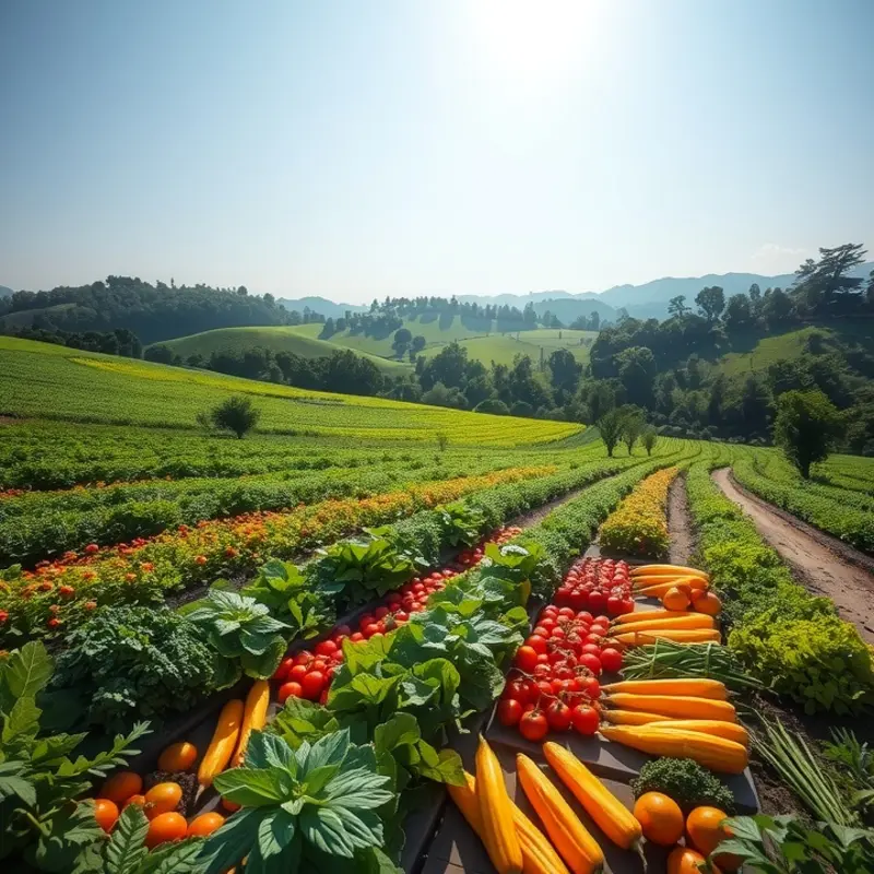 A picturesque display of fresh, organic fruits and vegetables in a sunlit orchard.