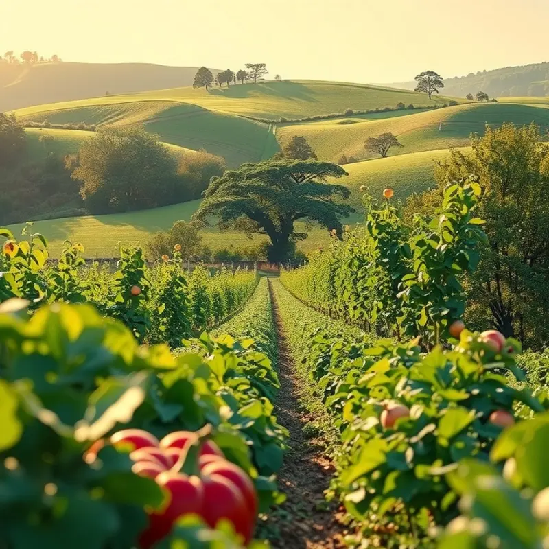 A lush, sunlit field showcasing vibrant vegetables and fruits in organic separation.