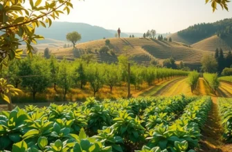 A scenic view of vibrant organic fruits and vegetables in a sunlit landscape.