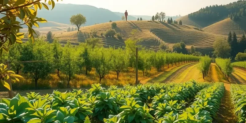 A scenic view of vibrant organic fruits and vegetables in a sunlit landscape.