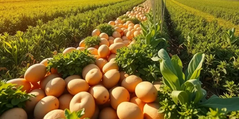A scenic view of a lush field brimming with vibrant vegetables and organic produce under warm sunlight.