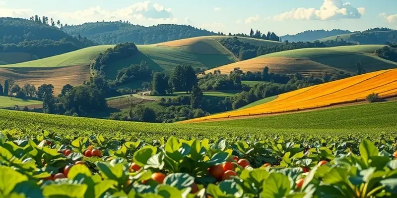 A sunlit field showcasing a variety of vibrant organic vegetables and fruits.