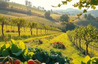 A scenic view of an orchard filled with organic vegetables and fruits under soft, natural light.
