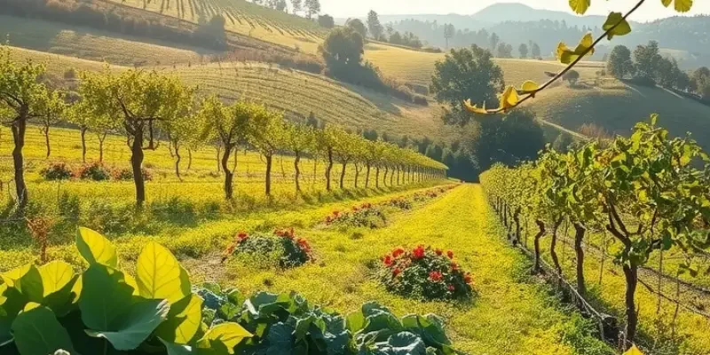 A scenic view of an orchard filled with organic vegetables and fruits under soft, natural light.