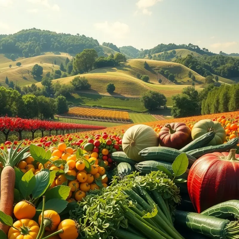 A sunlit orchard showcasing vibrant fruits and vegetables, symbolizing natural nourishment and abundance.