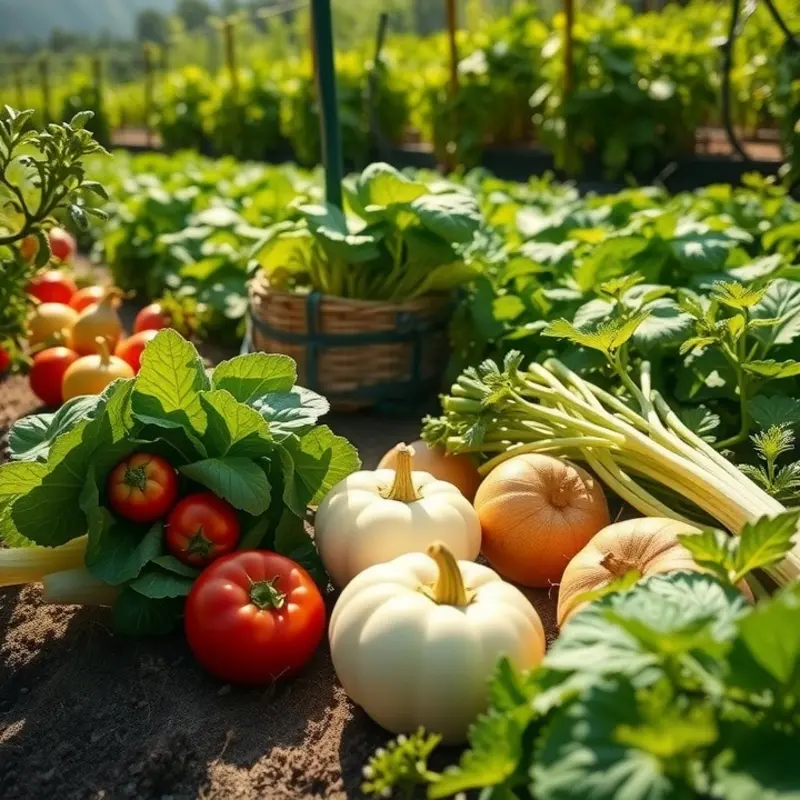 A vibrant organic farm filled with fresh vegetables and fruits growing naturally.