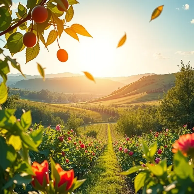 A sunlit orchard teeming with vibrant vegetables and fruits, embodying nature’s bounty.