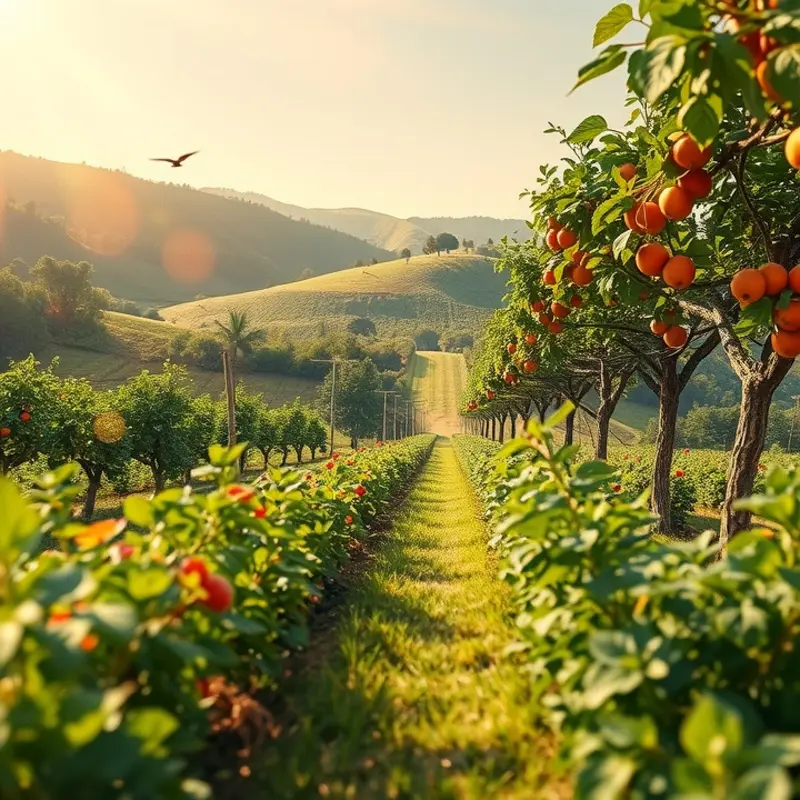 An idyllic view of an organic orchard filled with vibrant fruits and vegetables.