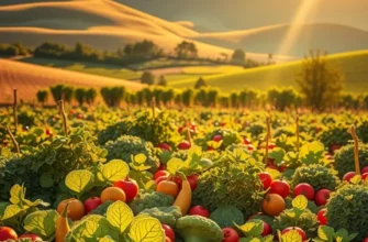 Vibrant vegetables and fruits growing in a sunlit field with lush greenery.