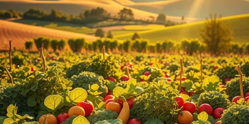 Vibrant vegetables and fruits growing in a sunlit field with lush greenery.