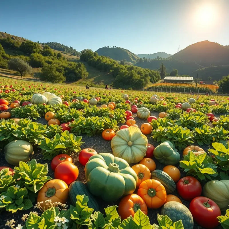 A sunlit field filled with vibrant vegetables and fruits growing amidst lush greenery.