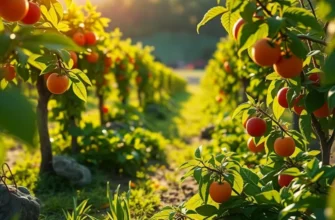 A vivid landscape showcasing organic fruits and vegetables with warm sunlight.