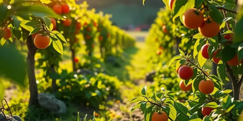 A vivid landscape showcasing organic fruits and vegetables with warm sunlight.