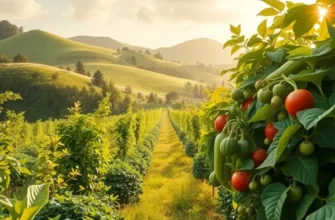 Photorealistic image of a sunlit field filled with vibrant organic fruits and vegetables.