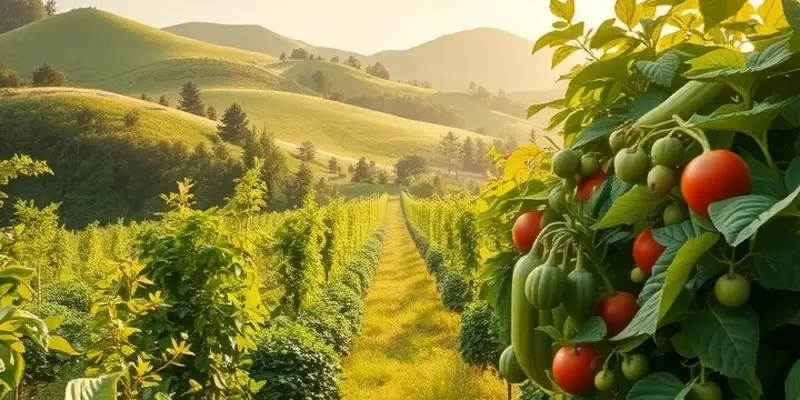 Photorealistic image of a sunlit field filled with vibrant organic fruits and vegetables.