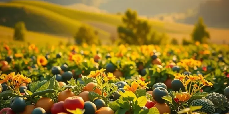 A vibrant landscape illustrating the beauty of healthy organic produce and nature.