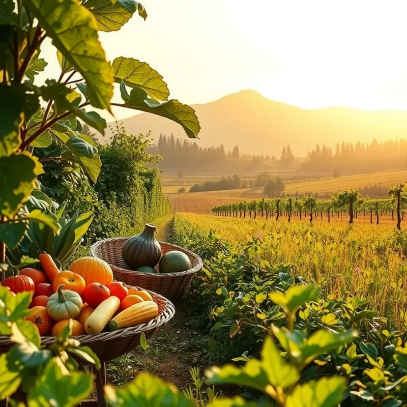 A lush orchard filled with vibrant fruits and vegetables under soft sunlight, symbolizing health and nourishment.