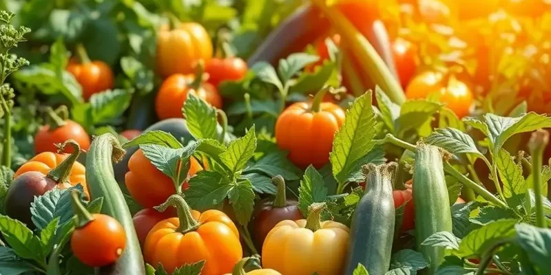 A sunlit field filled with vibrant fruits and vegetables, representing healthy eating and emotional awareness.