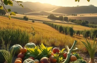 A peaceful garden scene showcasing an array of fresh vegetables and fruits in a lush environment.
