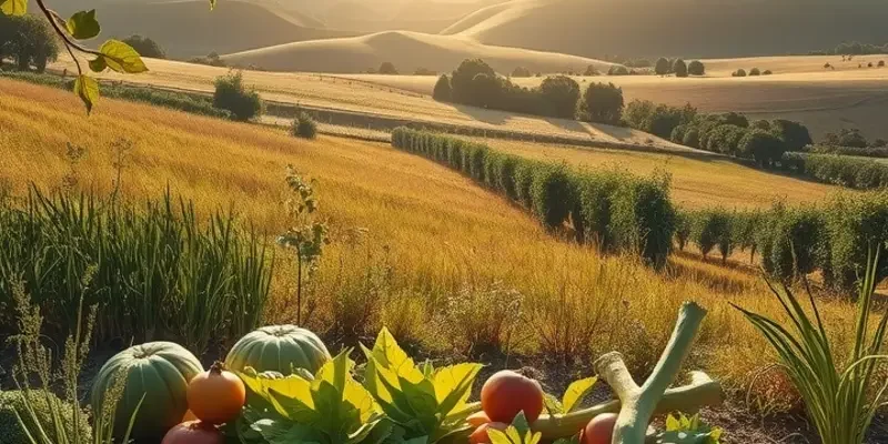 A peaceful garden scene showcasing an array of fresh vegetables and fruits in a lush environment.