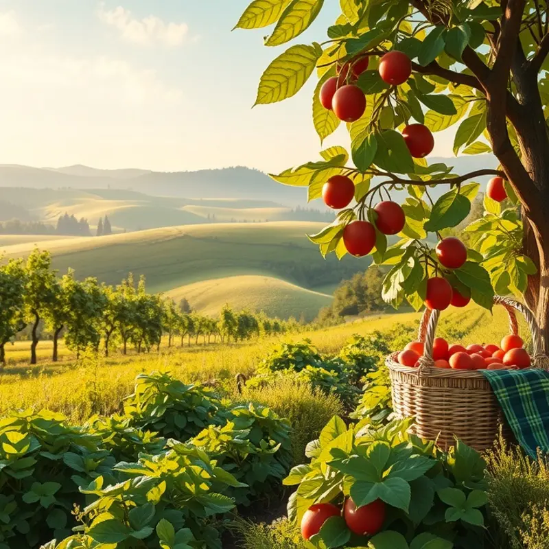 A sunlit orchard rich with colorful fruits and vegetables.