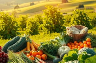 A vibrant field showcasing an abundance of fresh vegetables and fruits.