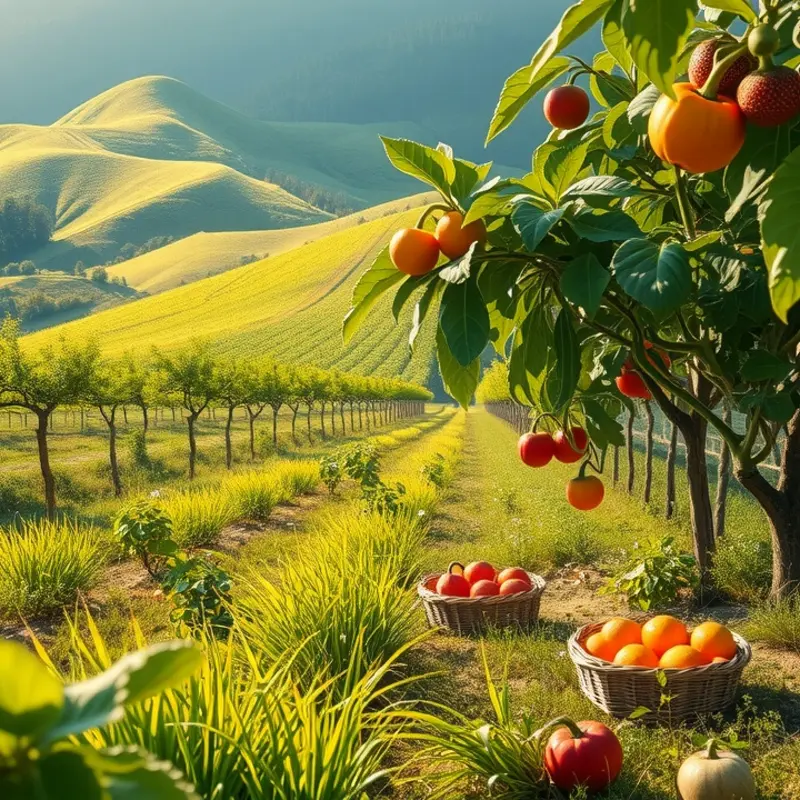 A sunlit field showcasing vibrant vegetables and fruits growing abundantly.