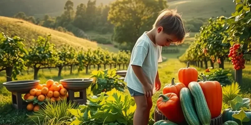 A picturesque landscape filled with an abundance of organic vegetables and fruits.