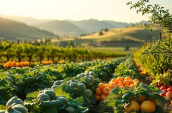 A vibrant orchard showing an abundance of organic fruits and vegetables in natural light.