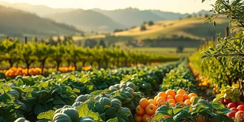 A vibrant orchard showing an abundance of organic fruits and vegetables in natural light.