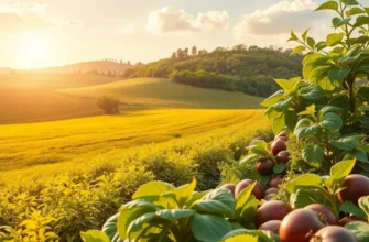 A sunlit orchard with vibrant fruits and vegetables, highlighting healthy eating.